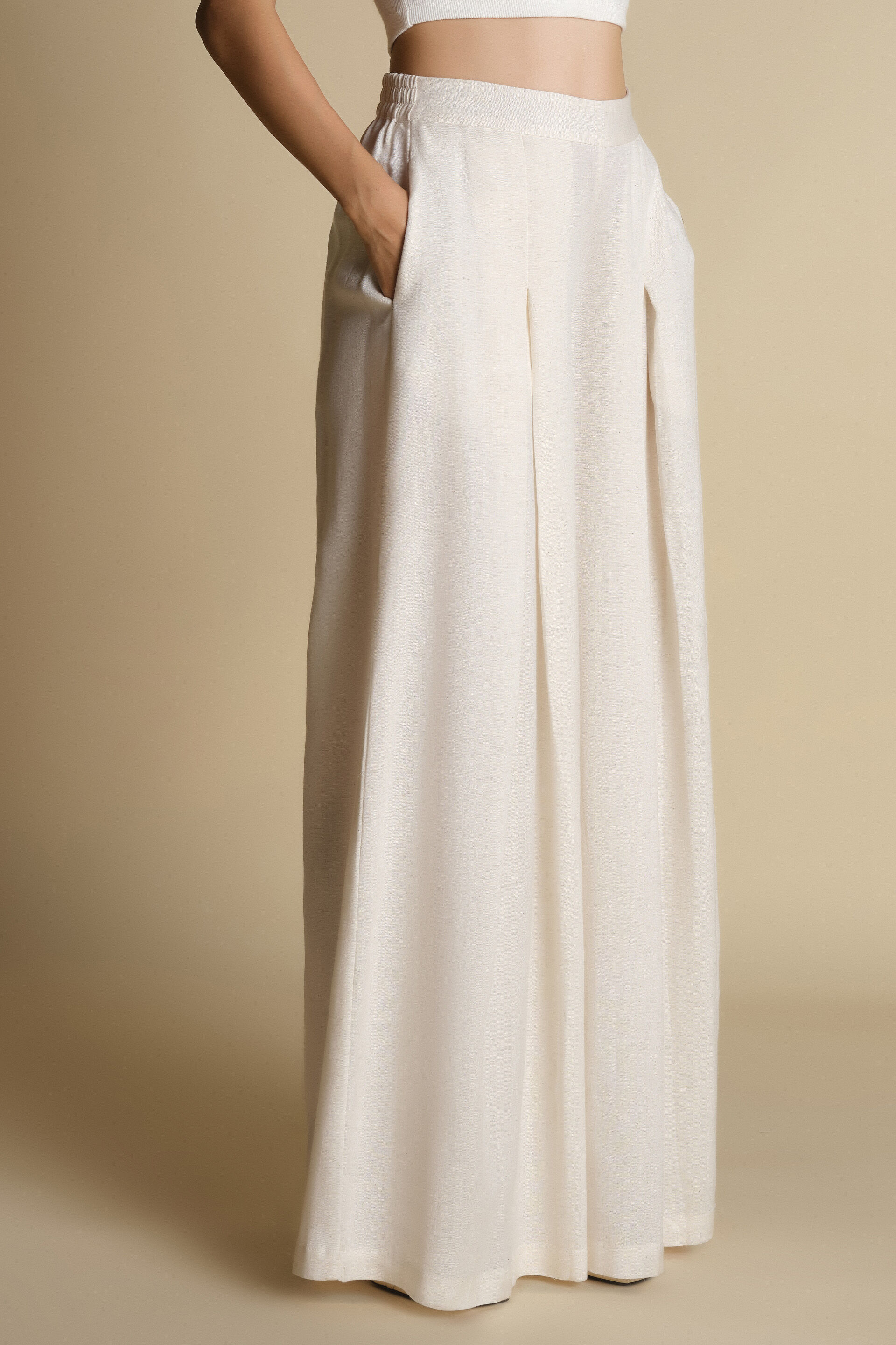 Pleated Flared Pants, Natural, image 3